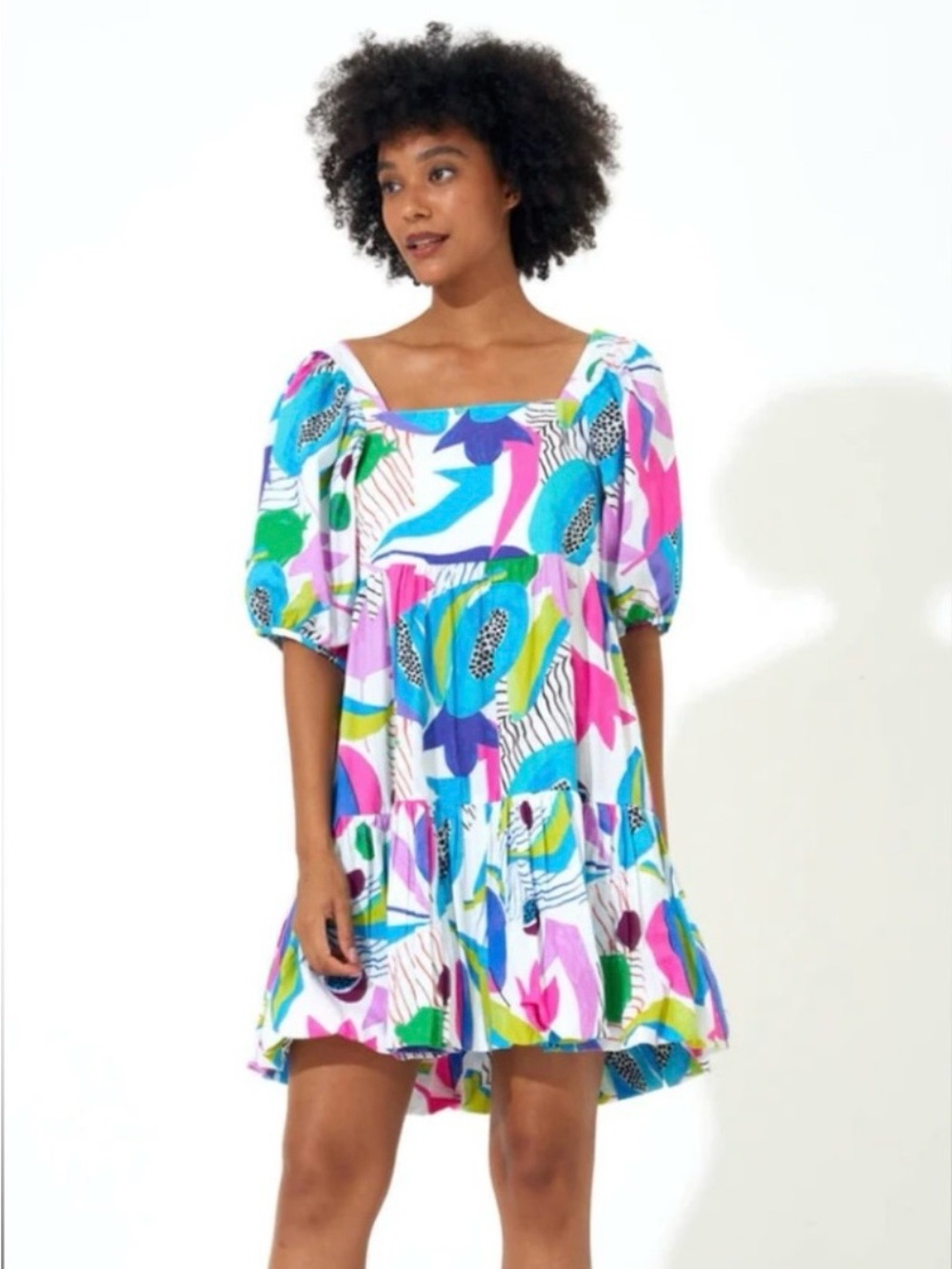 Oliphant Multicolor Puff-Sleeve Square-Neck Kids Dress
